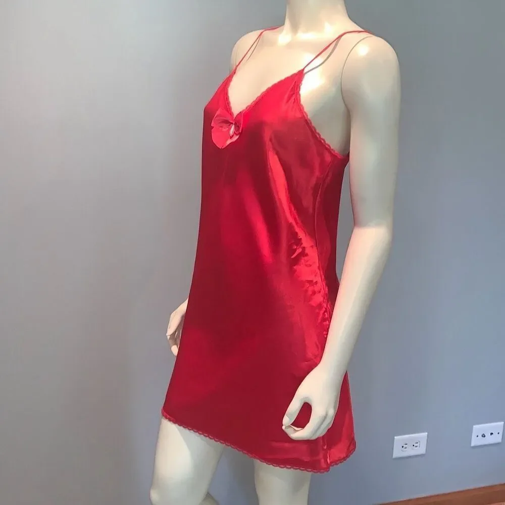 Vintage Lady Manhattan Red Satin Slip Dress with Bow Size Medium - Picture 9 of 13